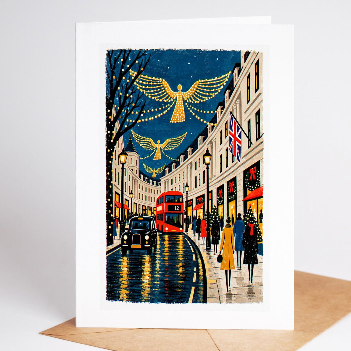 London Christmas card standing with envelope, the Regent Street angel lights arching over the shoppers below