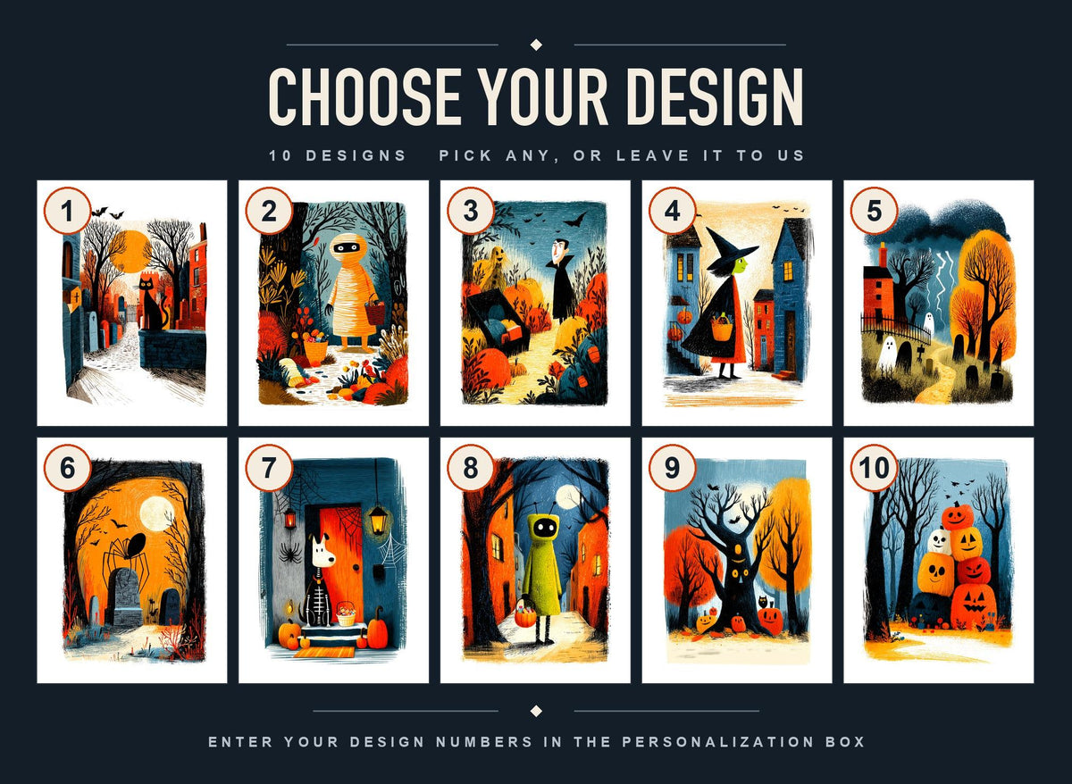 Numbered style guide showing all 10 Halloween card designs