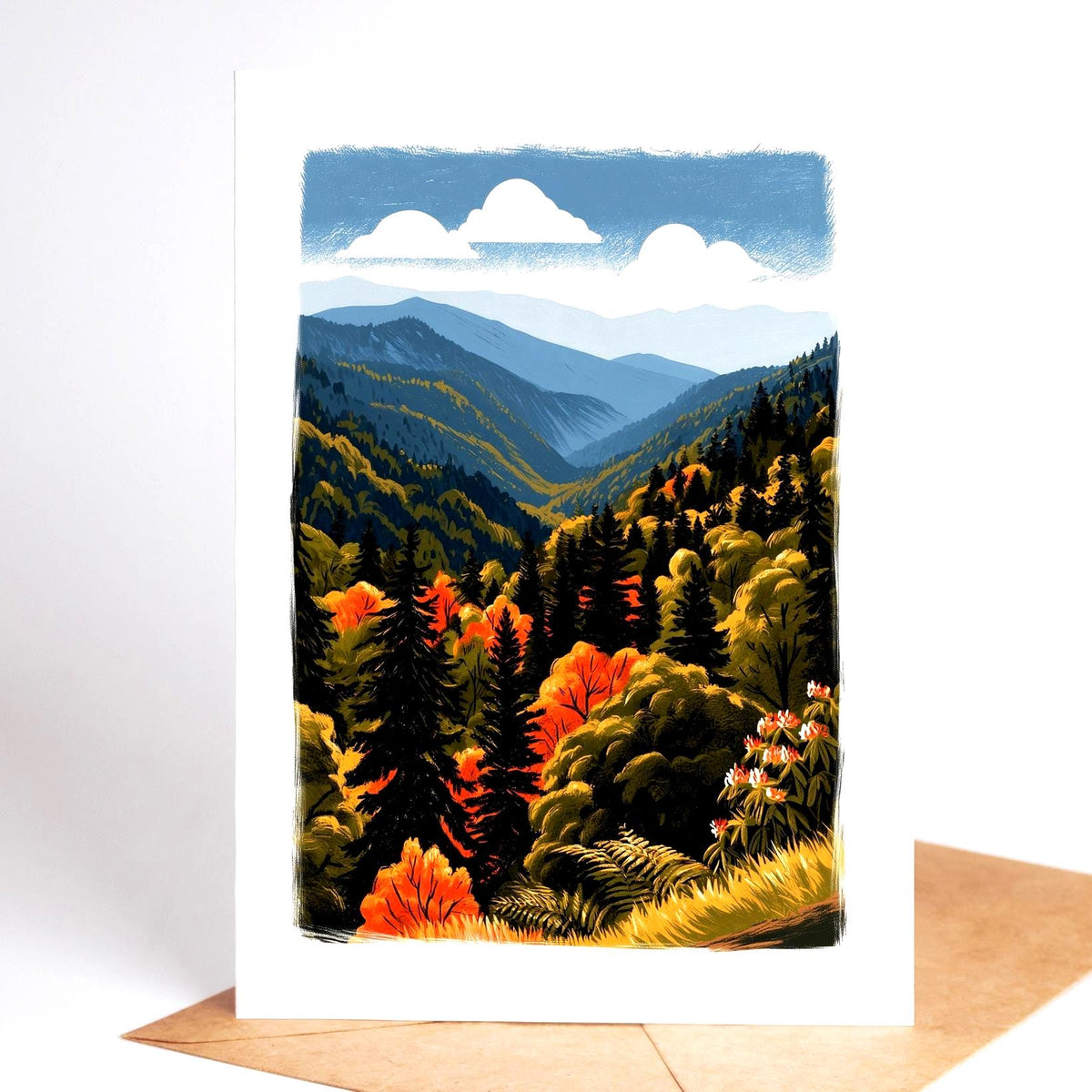 National park card, autumn ridges rolling away in the Great Smoky Mountains