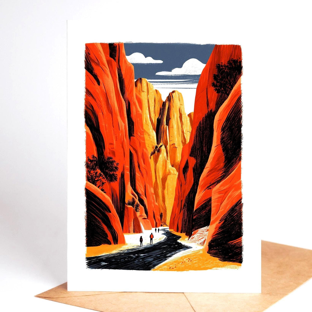 National park card, two hikers walking between red canyon walls at Zion
