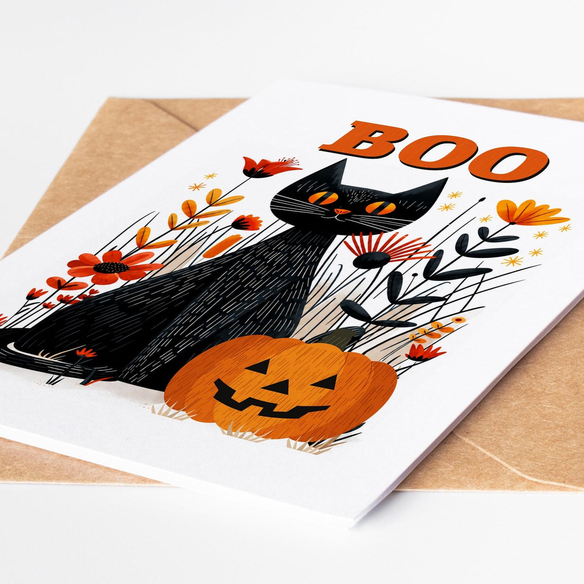 Halloween black cat card lying on a kraft envelope, close view of the folk art cat and pumpkin