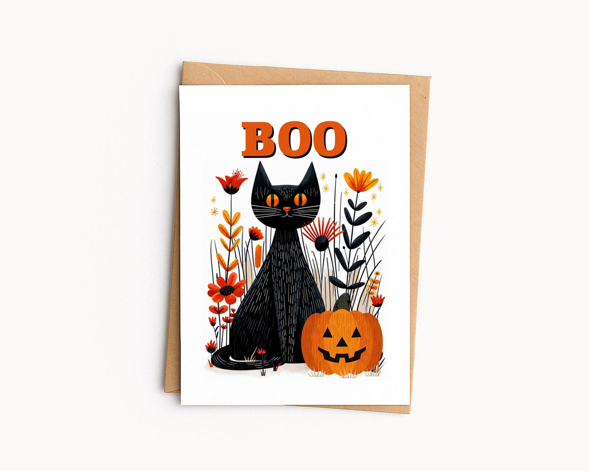 Boo black cat Halloween card standing on a kraft envelope against a warm cream background