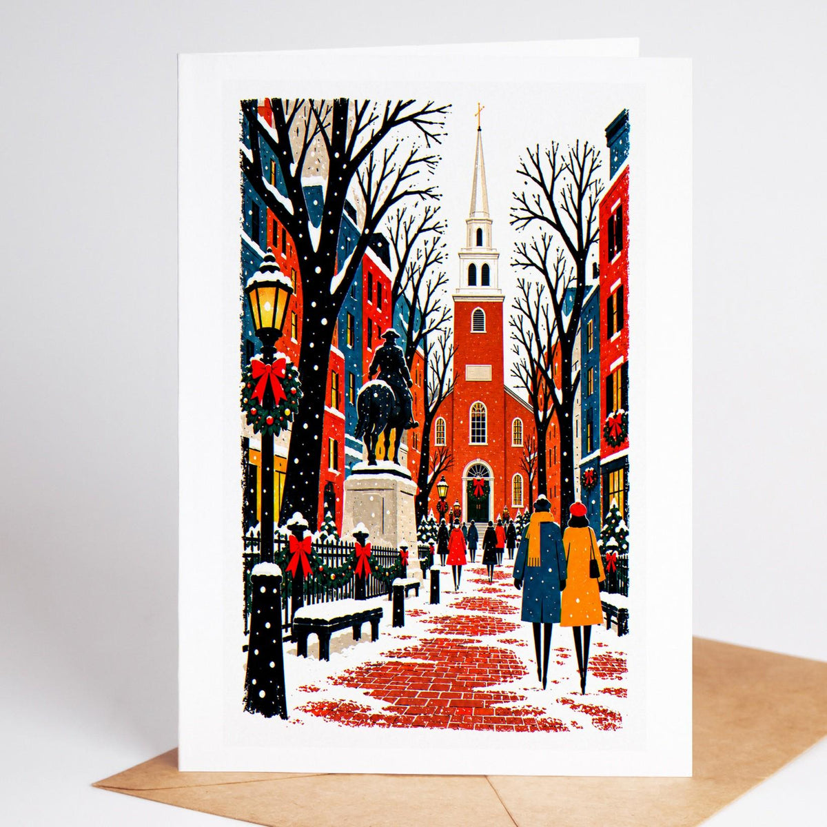 Boston Christmas card standing with envelope, the white spire of the Old North Church above snowy rooftops