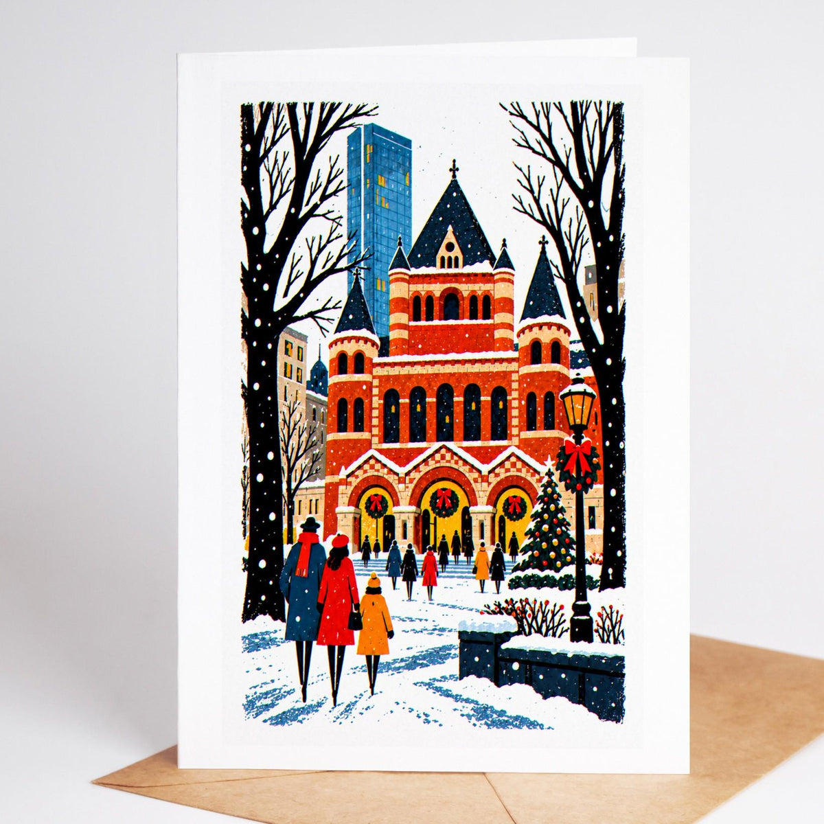 Boston Christmas card standing upright, Trinity Church in Copley Square with wreaths on its doors