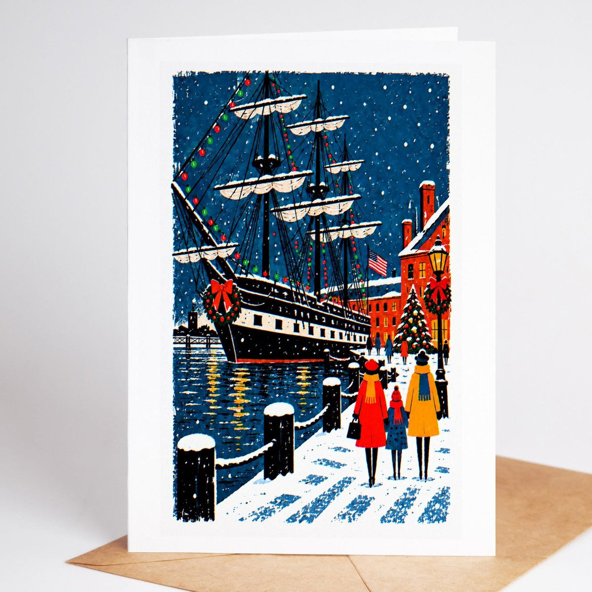 Boston Christmas card standing with envelope, the USS Constitution at the Navy Yard dressed for the holidays