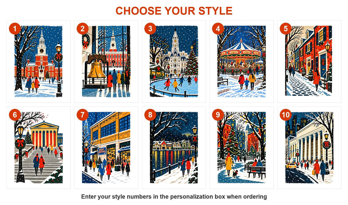 Style guide showing all 10 Philadelphia Christmas card designs numbered 1 to 10