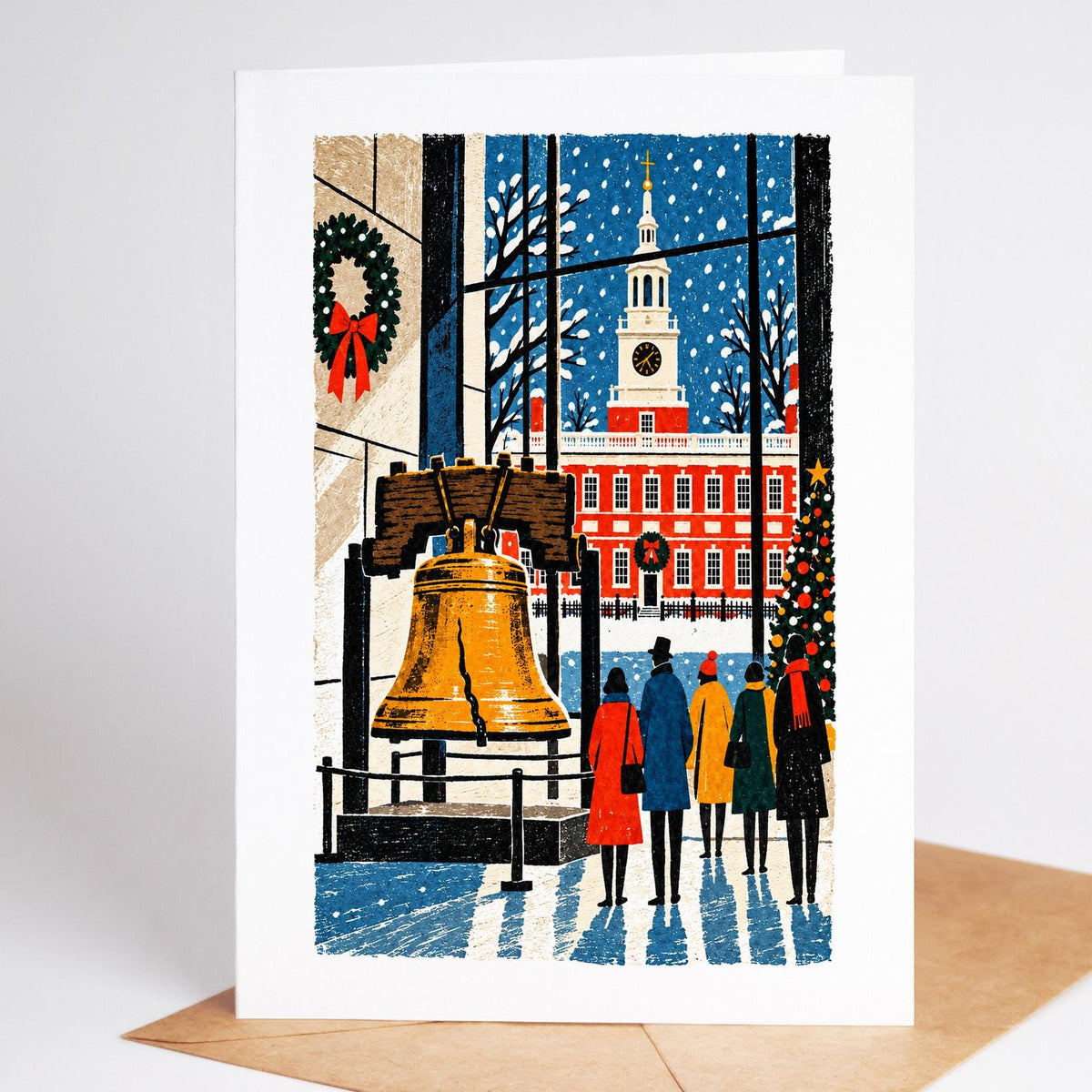 Philadelphia Christmas card standing upright, the Liberty Bell framed by a window with Independence Hall beyond
