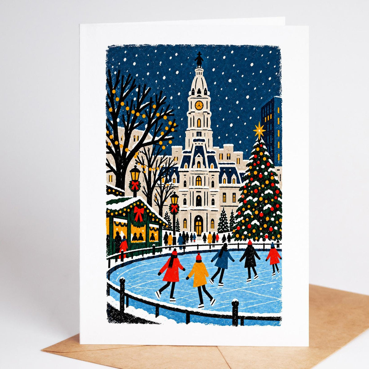 Philadelphia Christmas card standing with envelope, skaters circling the rink below the City Hall tower
