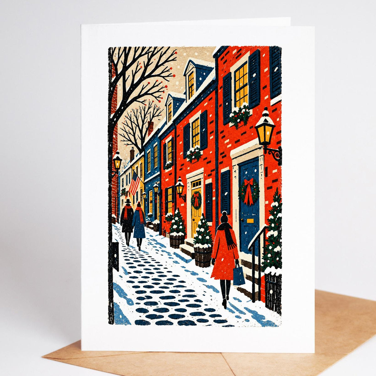 Philadelphia Christmas card standing with envelope, the brick row houses of Elfreth's Alley with wreaths on every door