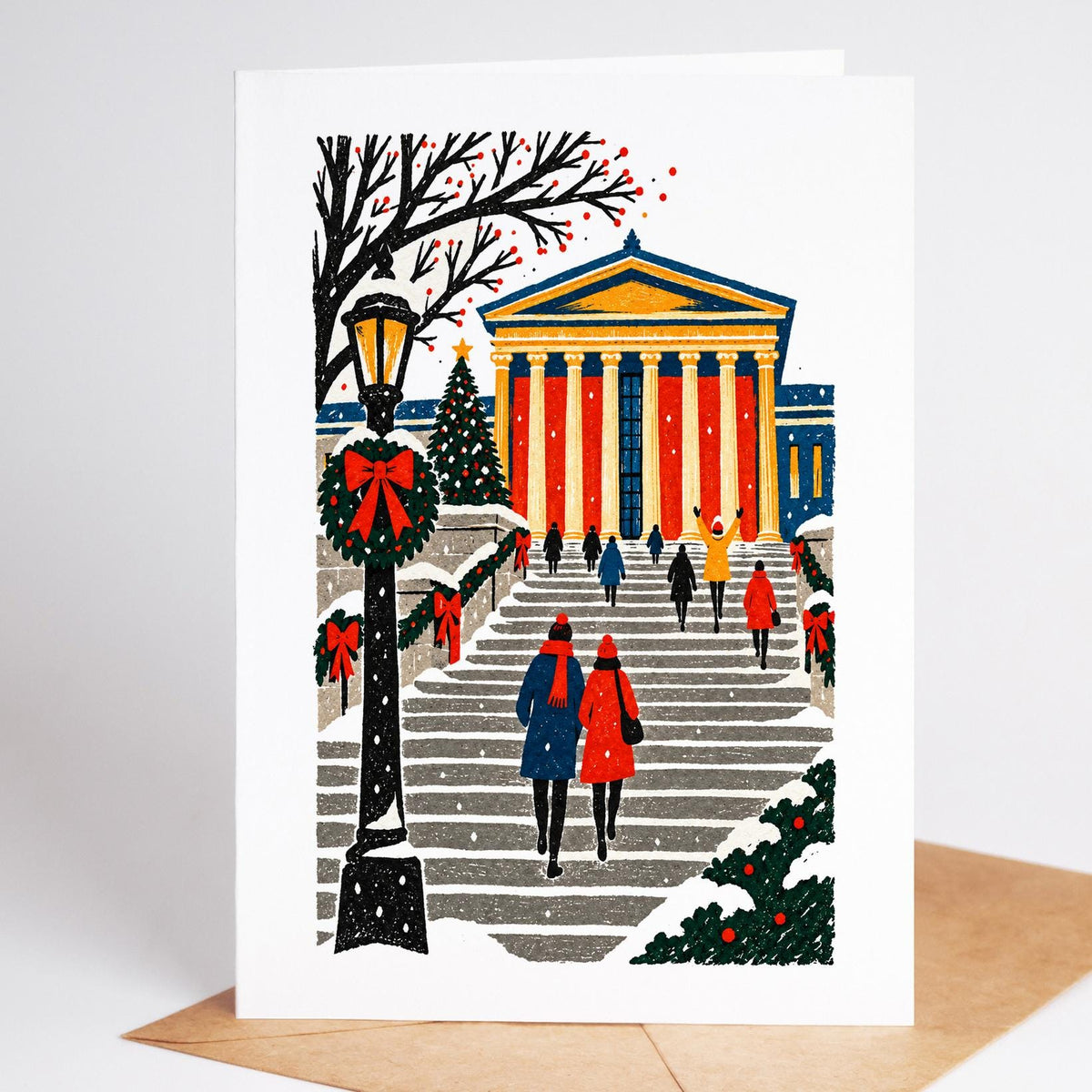 Philadelphia Christmas card standing upright, the Art Museum steps garlanded for the holidays