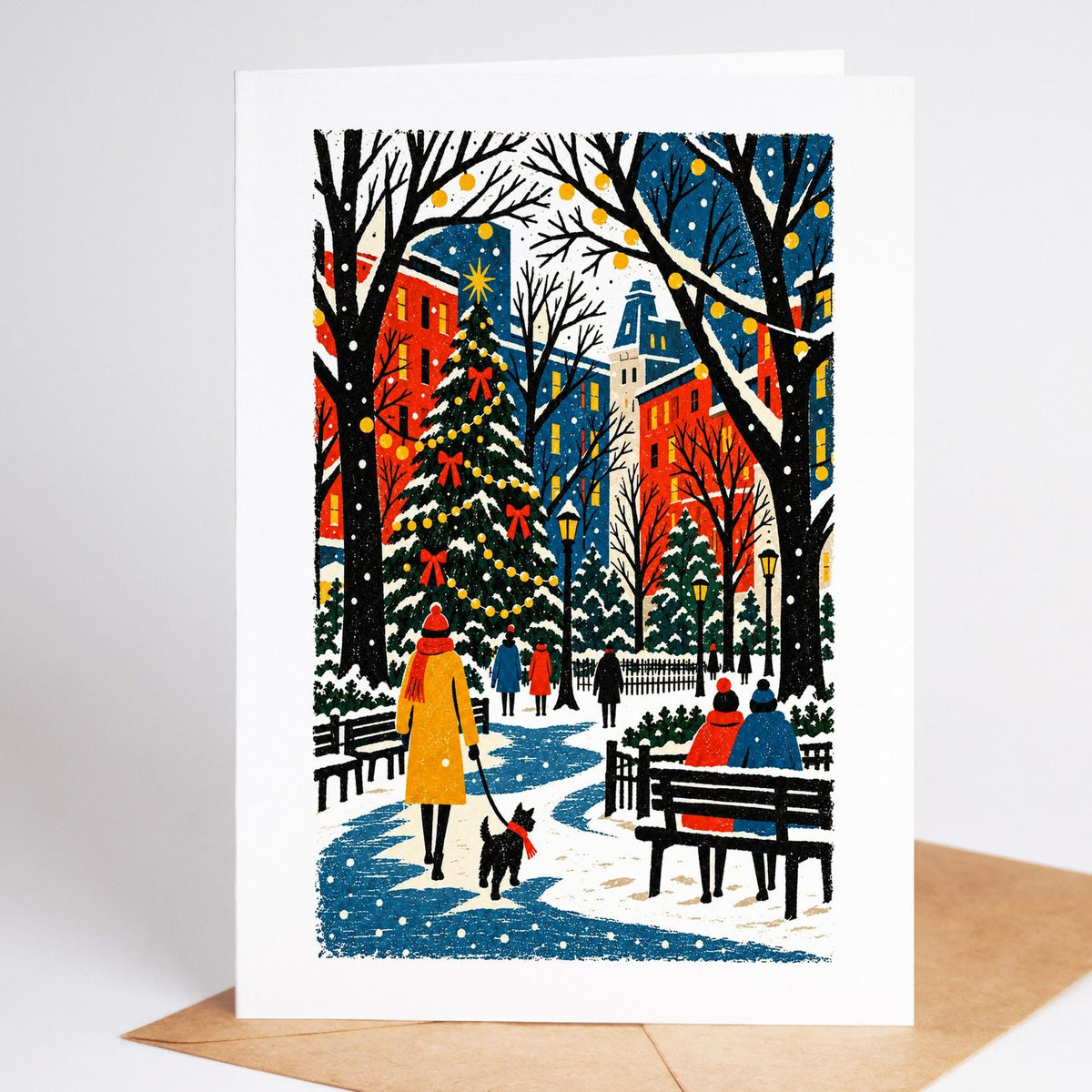 Philadelphia Christmas card standing with envelope, Rittenhouse Square's tree and benches in the snow