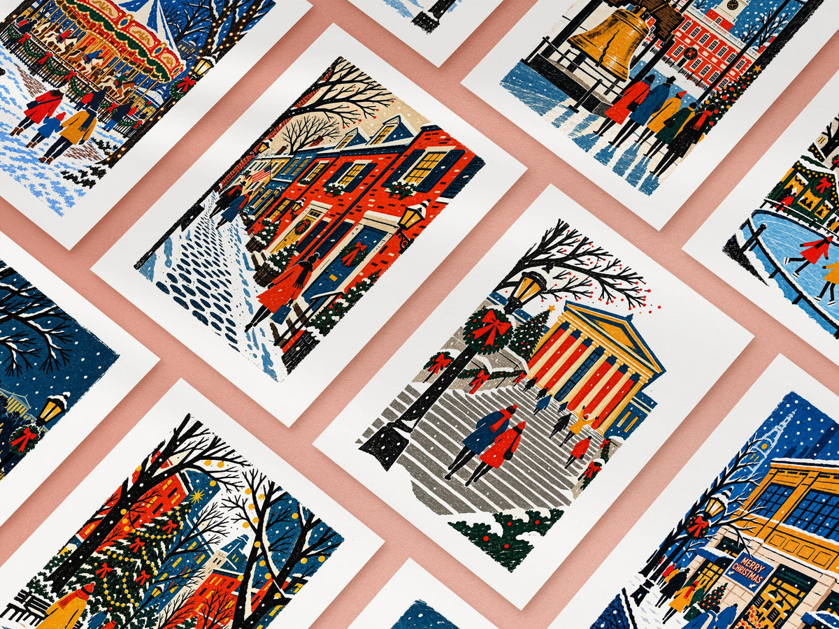 Ten Philadelphia Christmas cards arranged in a grid, the full set of folk art city designs