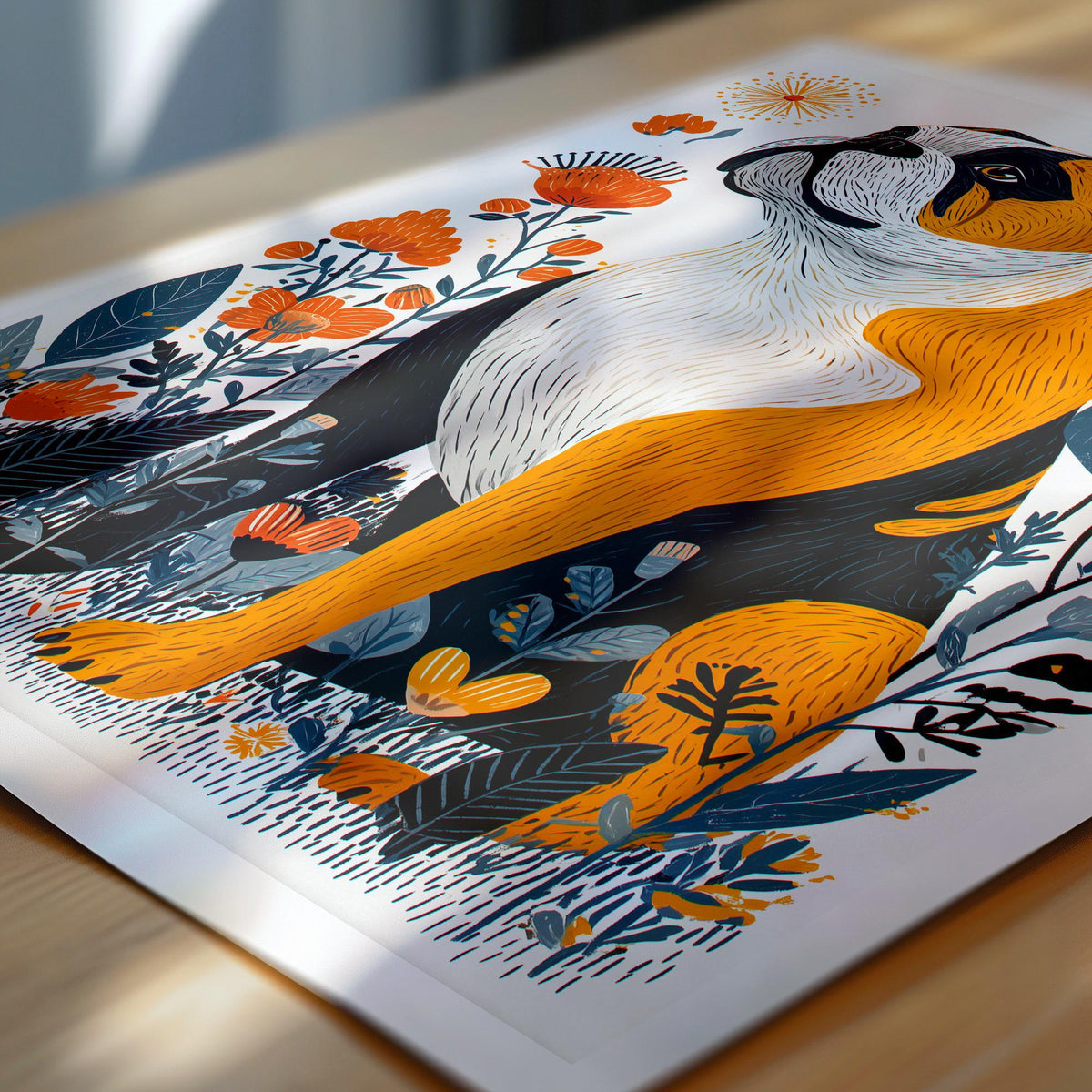 Close-up of the sitting English Bulldog print with orange poppies and navy leaves