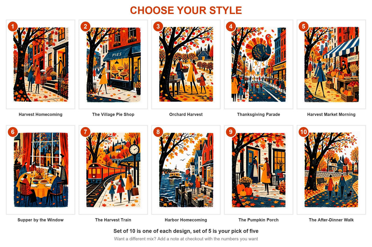 Numbered guide to all ten Thanksgiving card designs in this folk art set