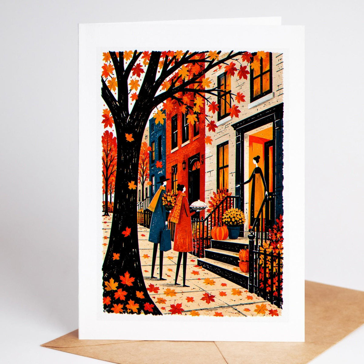 Thanksgiving folk art card, two guests carrying a pie up a city brownstone stoop under a maple