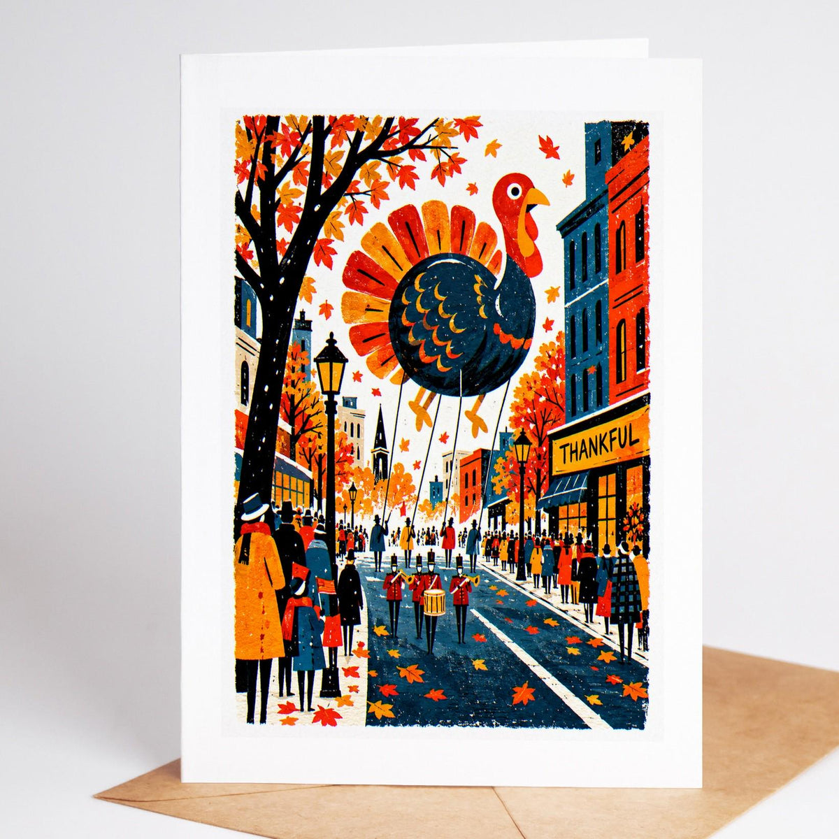 Thanksgiving folk art card, a turkey balloon floating over a marching band and a THANKFUL storefront