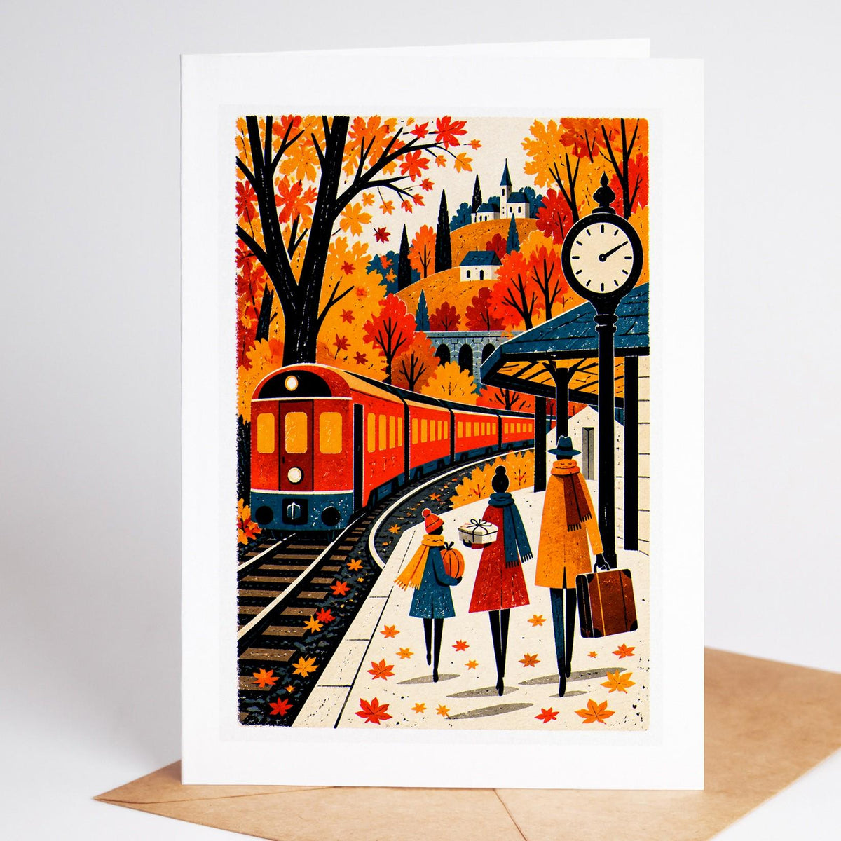 Thanksgiving folk art card, three travellers walking a platform beside a red train in autumn