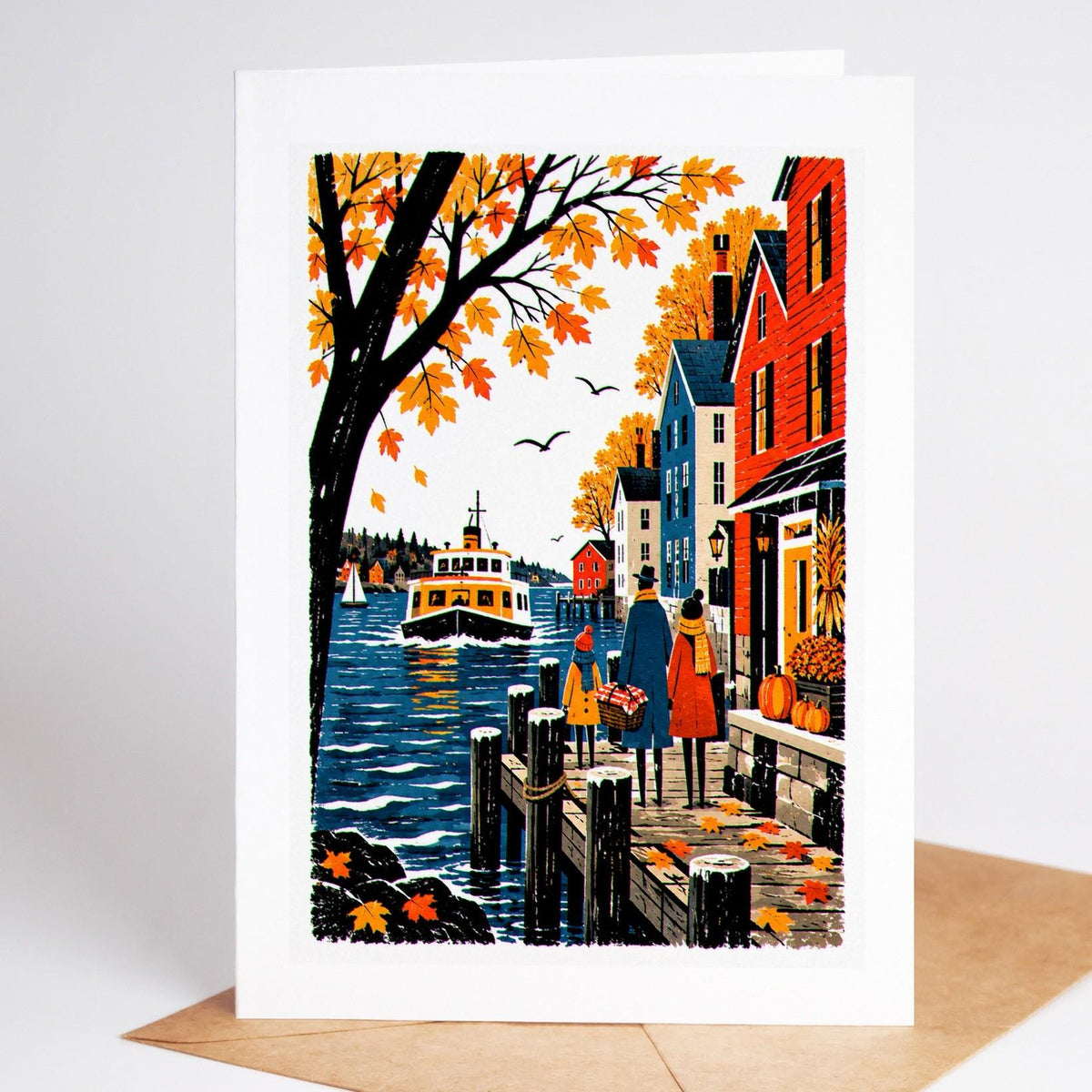 Thanksgiving folk art card, a family on a harbor dock watching the ferry come in