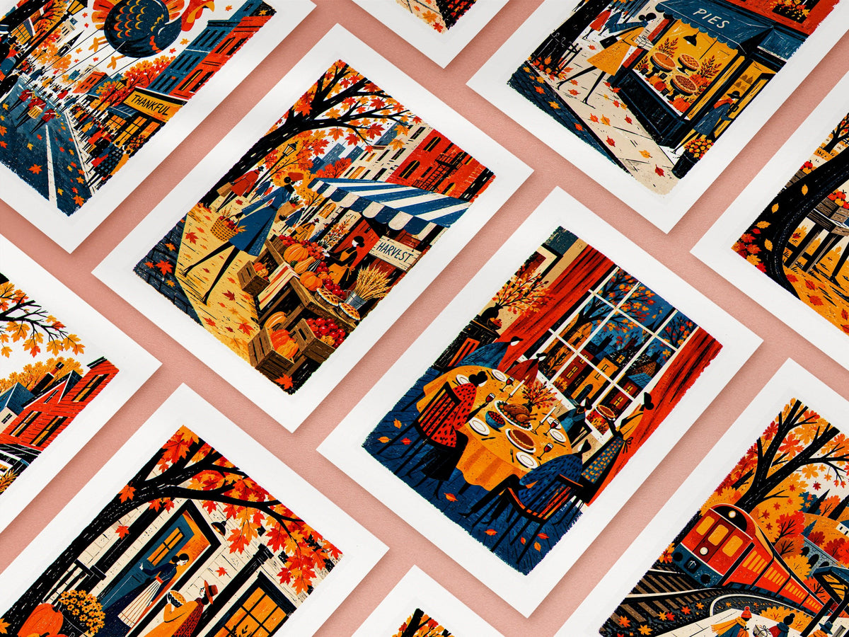 All ten Thanksgiving folk art card designs laid out together