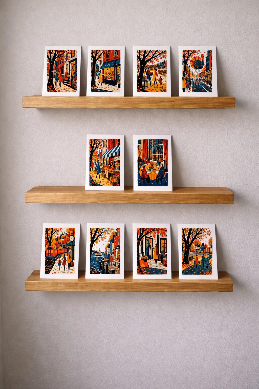 The ten Thanksgiving folk art cards displayed on picture ledges