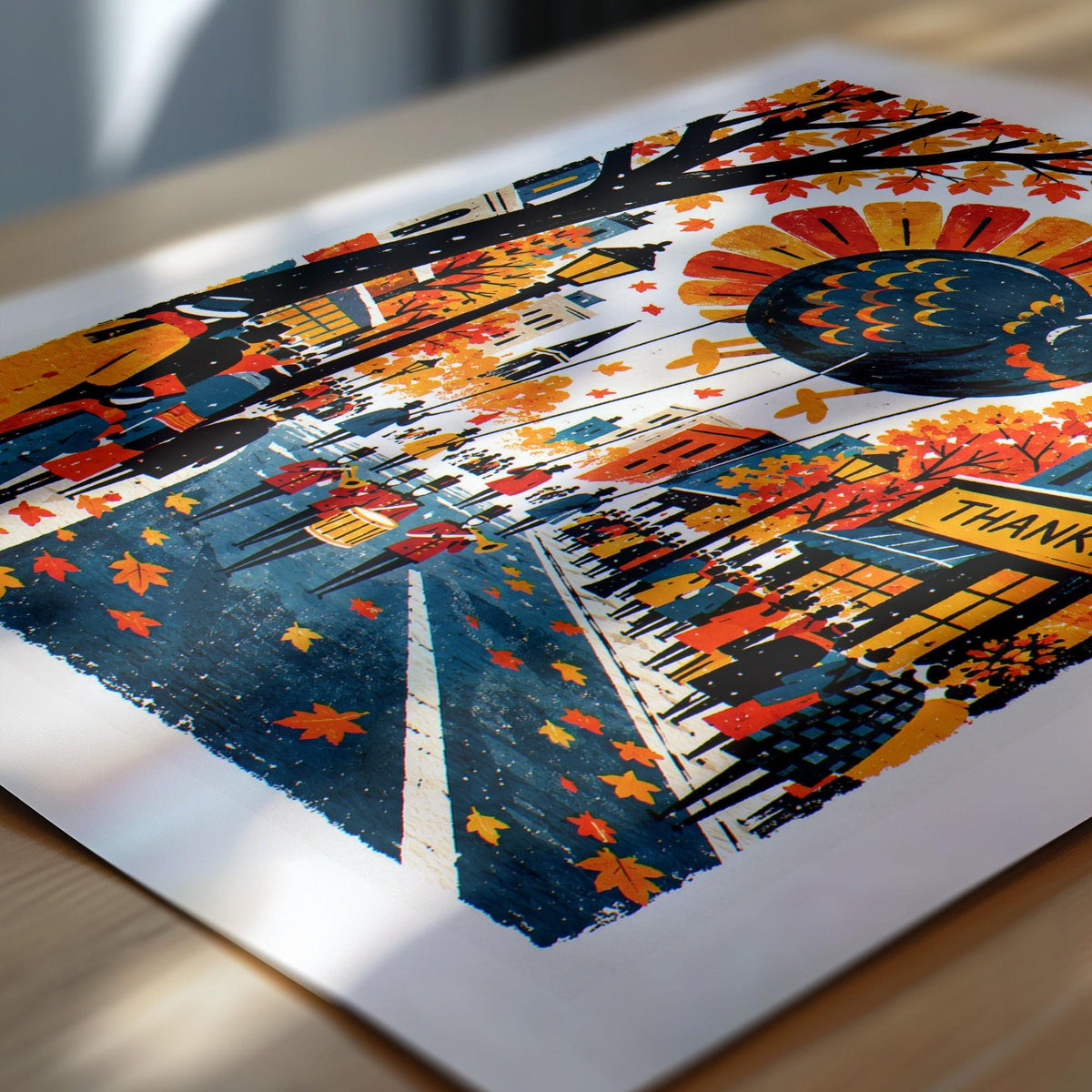 Close view of the Thanksgiving parade folk art card on a wooden table