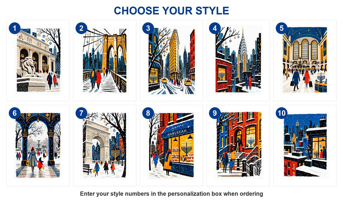 Style guide showing all 10 New York Hanukkah card designs numbered 1 to 10
