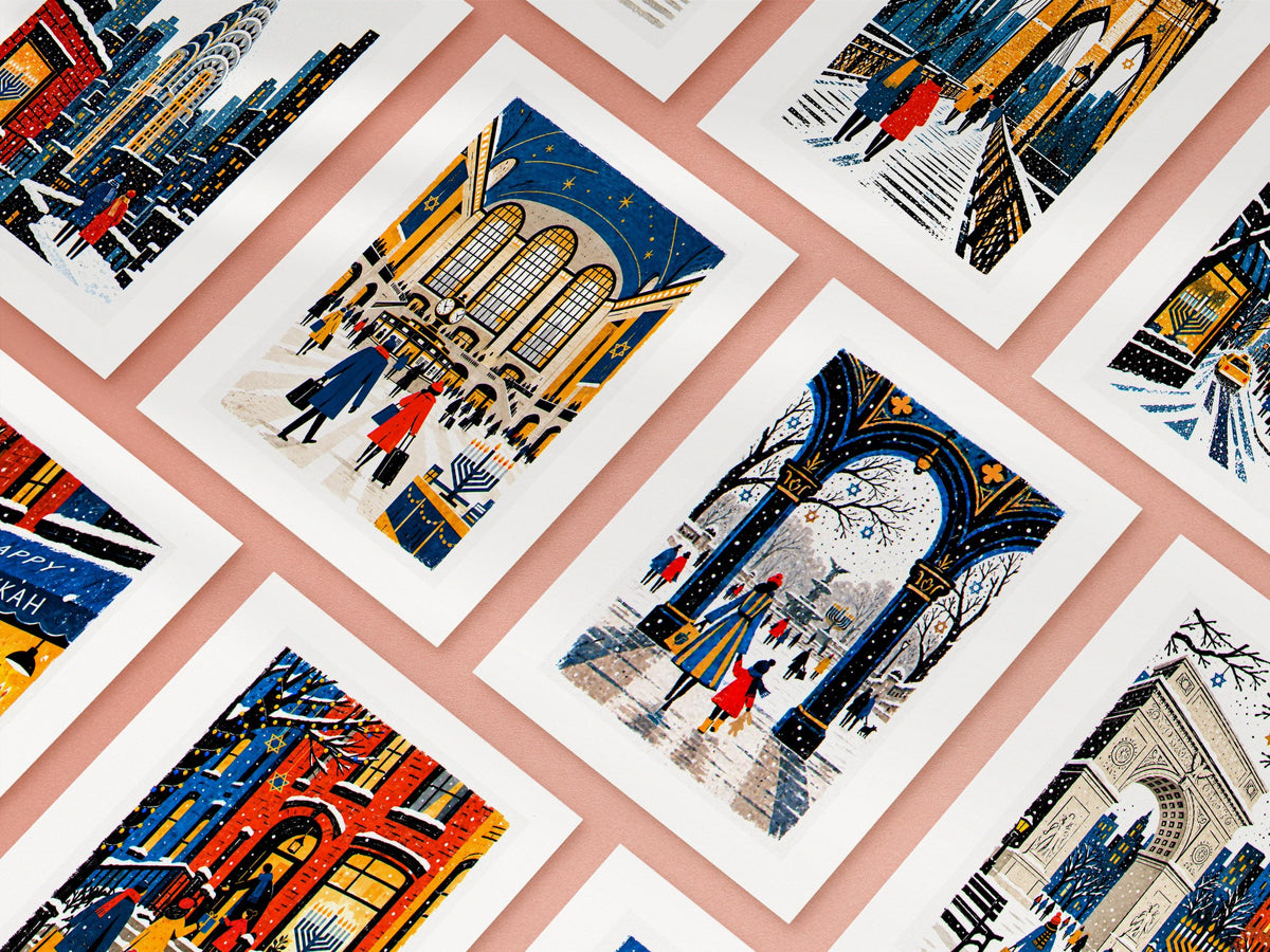 Ten New York Hanukkah cards arranged in a grid, the full set of folk art winter city designs