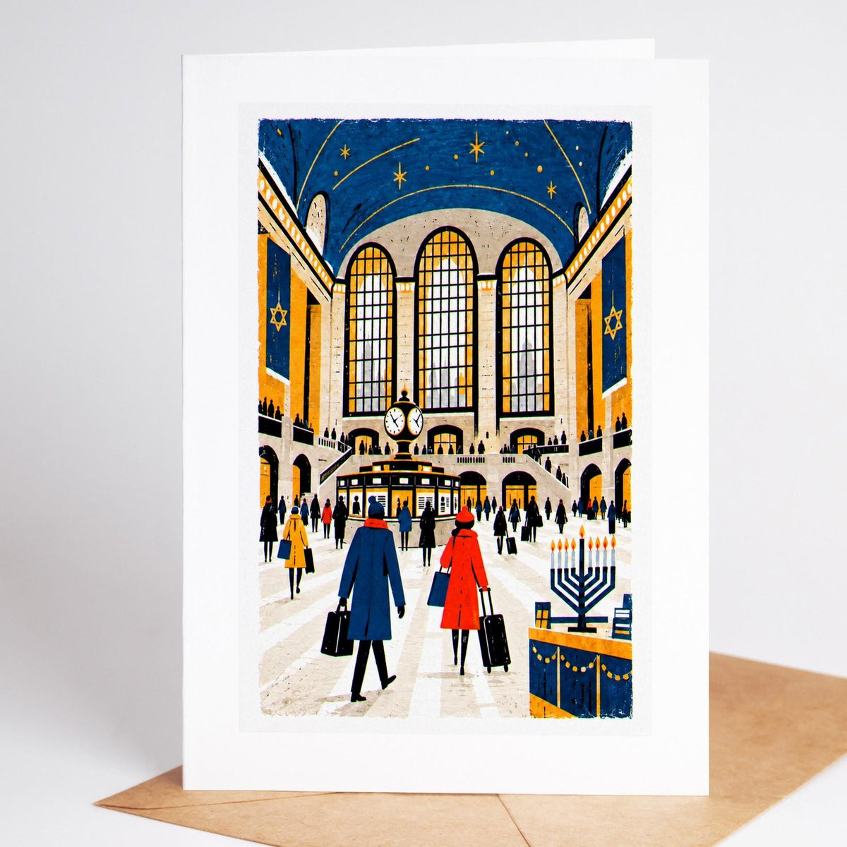 New York Hanukkah card standing with envelope, the Grand Central concourse with a lit menorah on the ledge