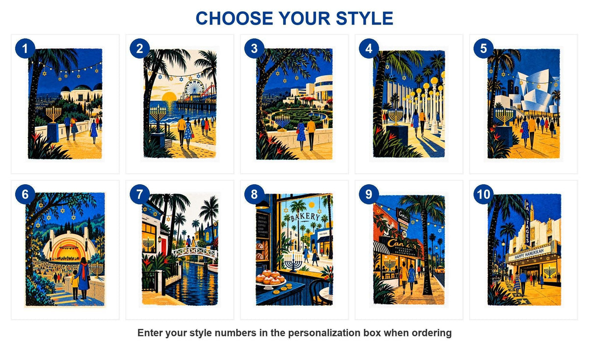 Style guide showing all 10 Los Angeles Hanukkah card designs numbered 1 to 10