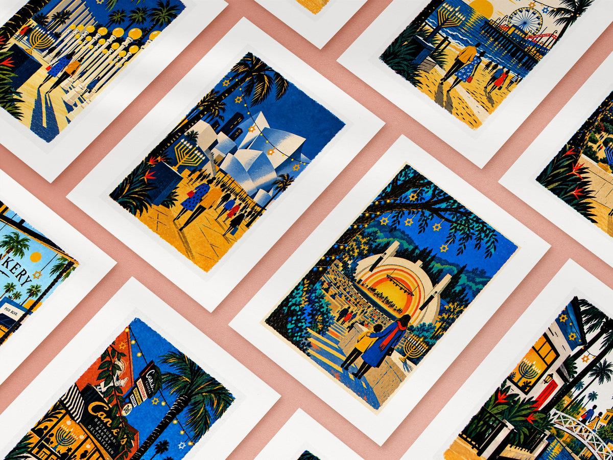 Ten Los Angeles Hanukkah cards arranged in a grid, the full set of warm folk art palm-tree designs