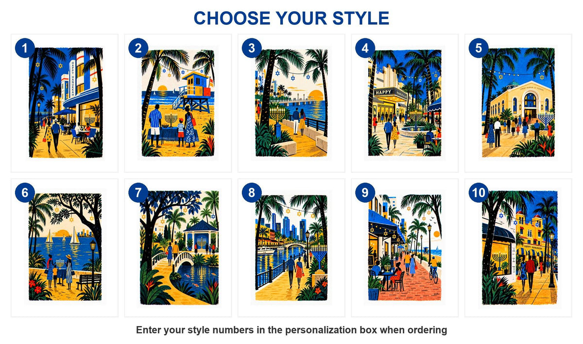 Style guide showing all 10 South Florida Hanukkah card designs numbered 1 to 10