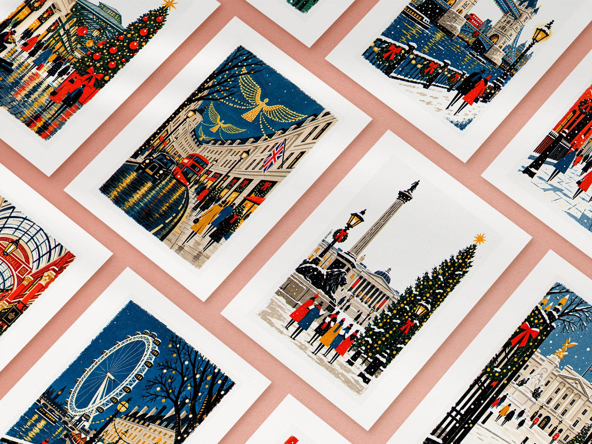 Ten London Christmas cards arranged in a grid, the full set of folk art city designs