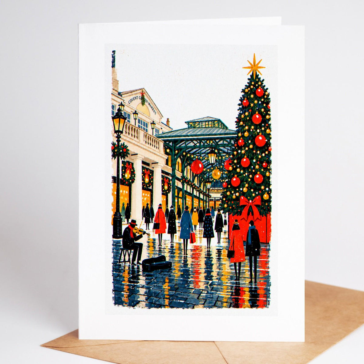 London Christmas card standing upright, the Covent Garden Market piazza with a decorated tree and hanging baubles