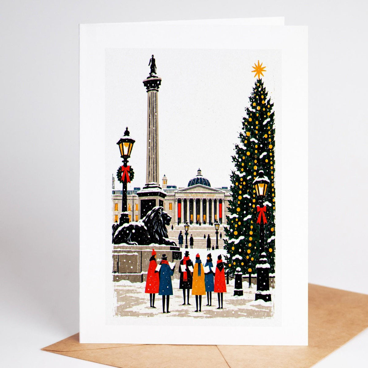 London Christmas card standing upright, Trafalgar Square with Nelson's Column, a lion and the Norwegian spruce