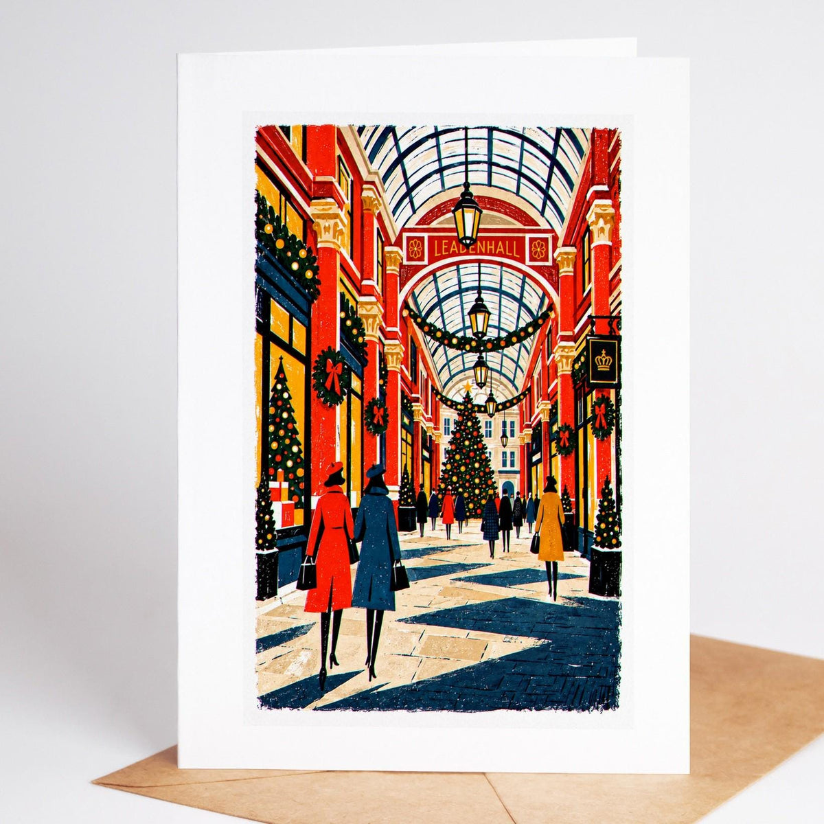 London Christmas card standing upright, the Leadenhall Market arcade decked in garlands and lanterns