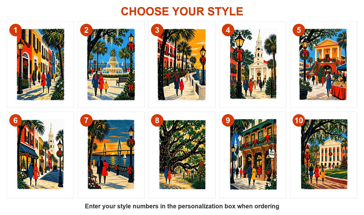 Style guide showing all 10 Charleston Christmas card designs numbered 1 to 10