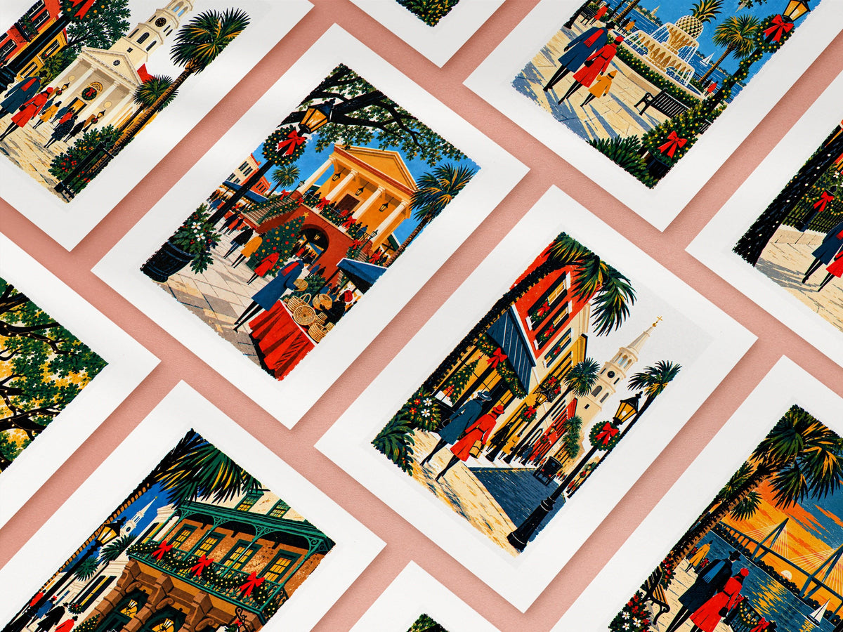 Ten Charleston Christmas cards arranged in a grid, the full set of folk art city designs