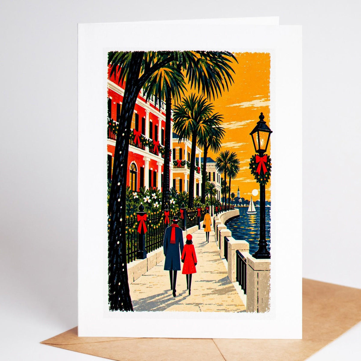 Charleston Christmas card standing with envelope, the Battery promenade and its antebellum houses at dusk