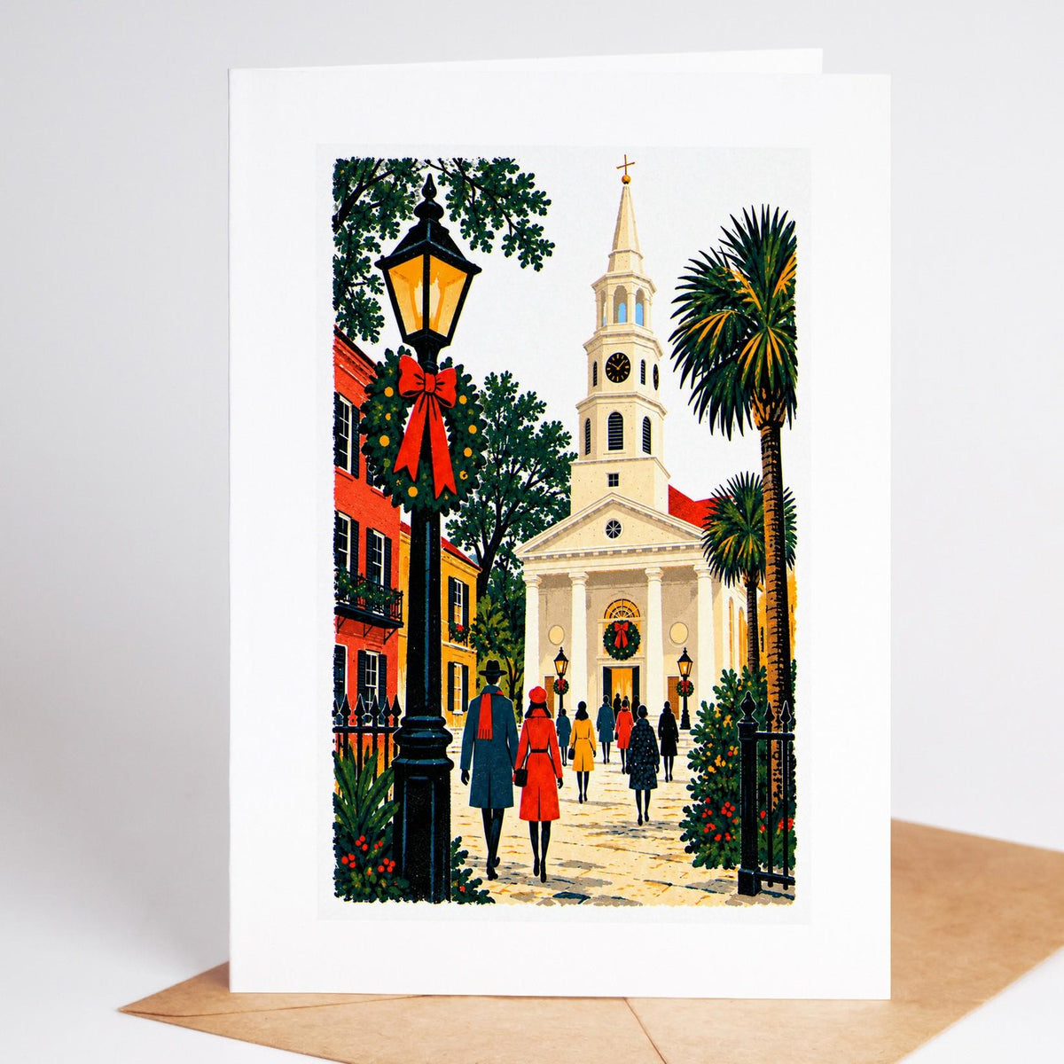 Charleston Christmas card standing upright, the white steeple of St Michael's Church above Broad Street