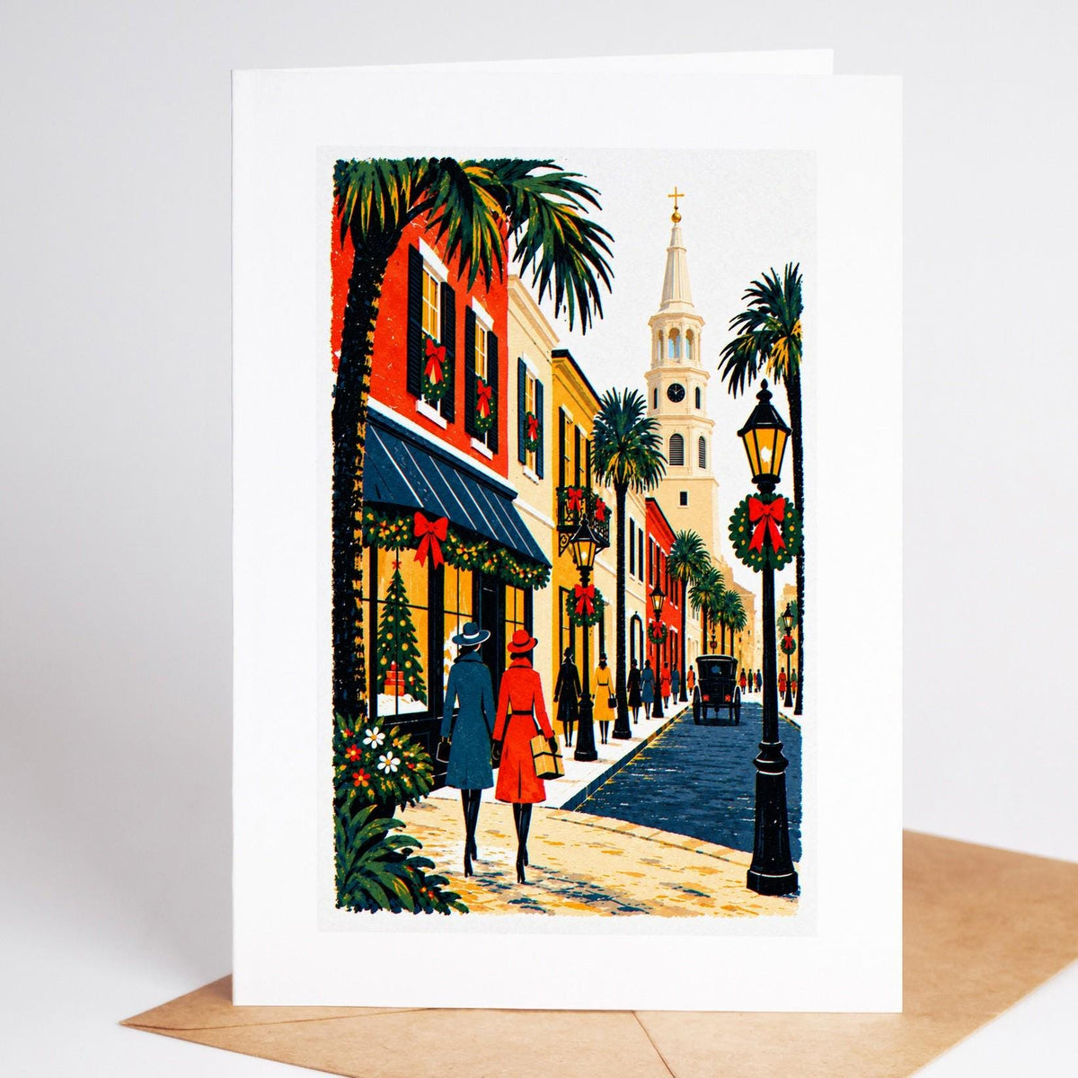 Charleston Christmas card standing upright, Broad Street lined with garlands and lanterns