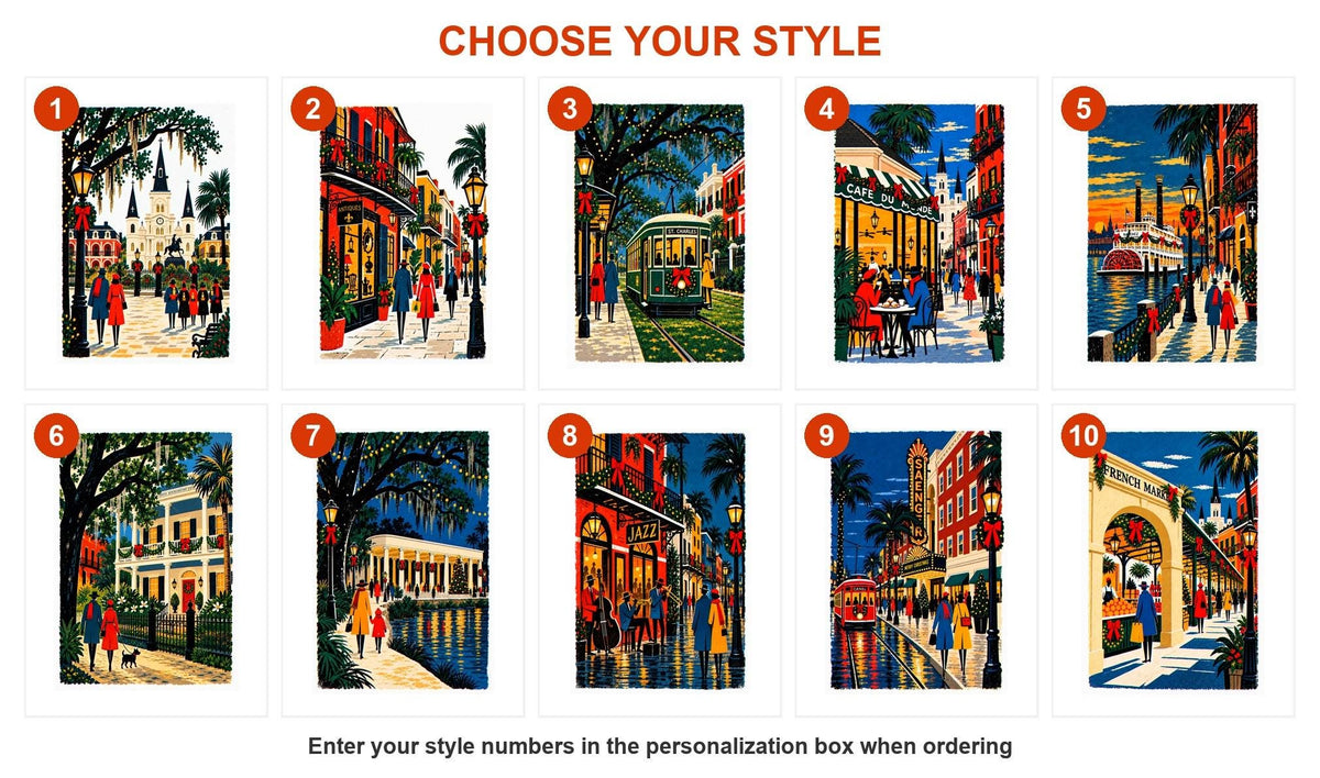 Style guide showing all 10 New Orleans Christmas card designs numbered 1 to 10