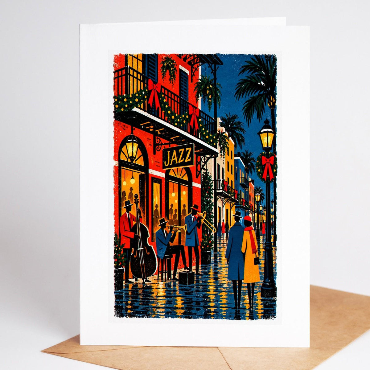 New Orleans Christmas card standing upright, Frenchmen Street's jazz players under the balconies