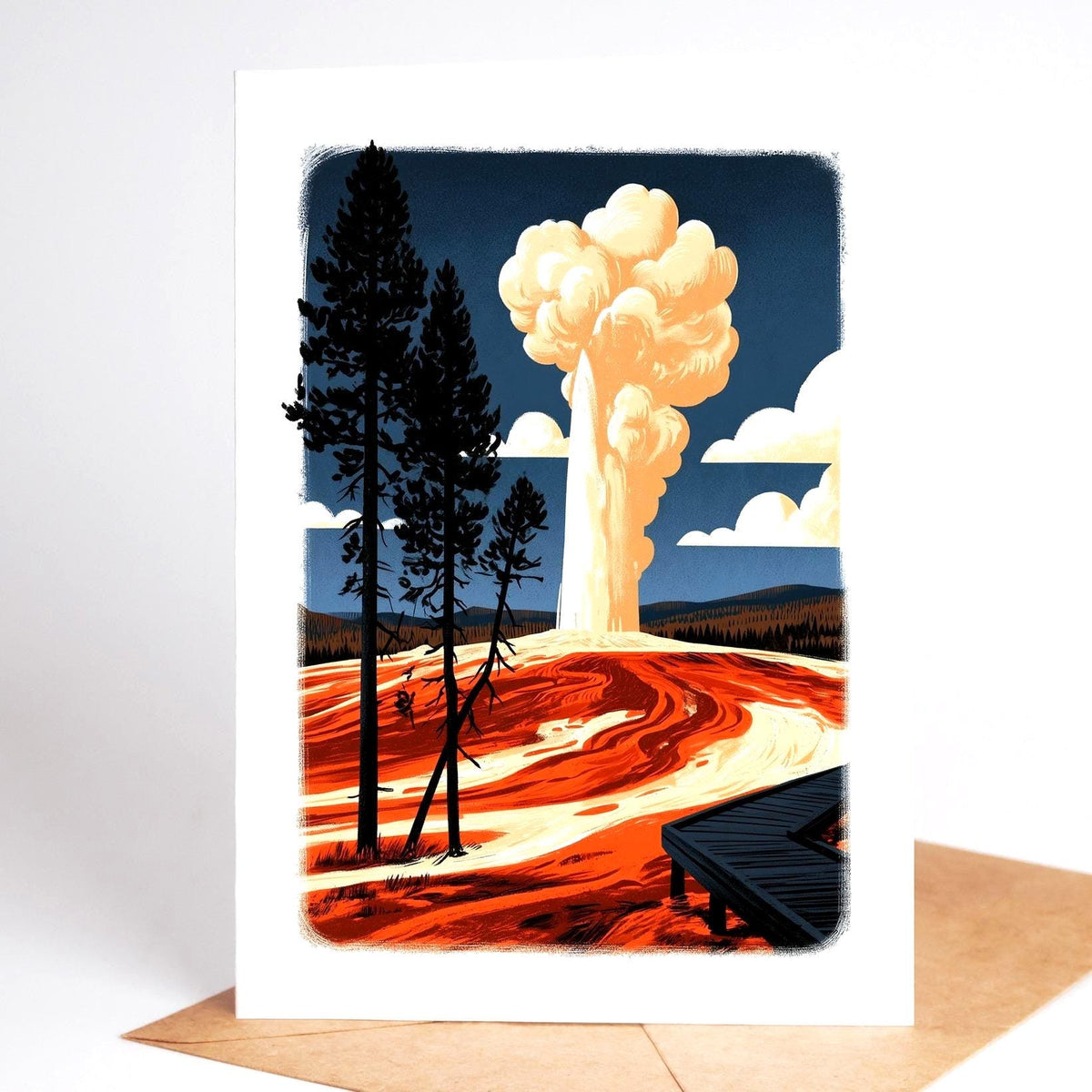 National park card, Old Faithful erupting at Yellowstone beside dark pines