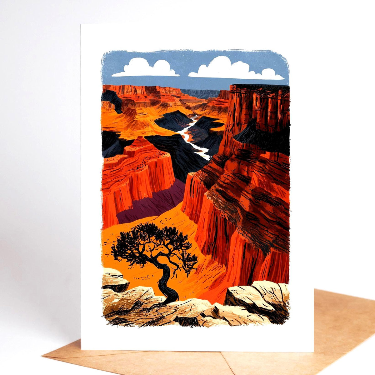 National park card, red and orange cliffs of the Grand Canyon with a twisted tree