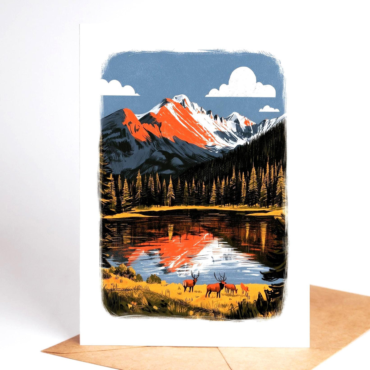 National park card, snowy Rocky Mountain peaks reflected in a lake with elk grazing