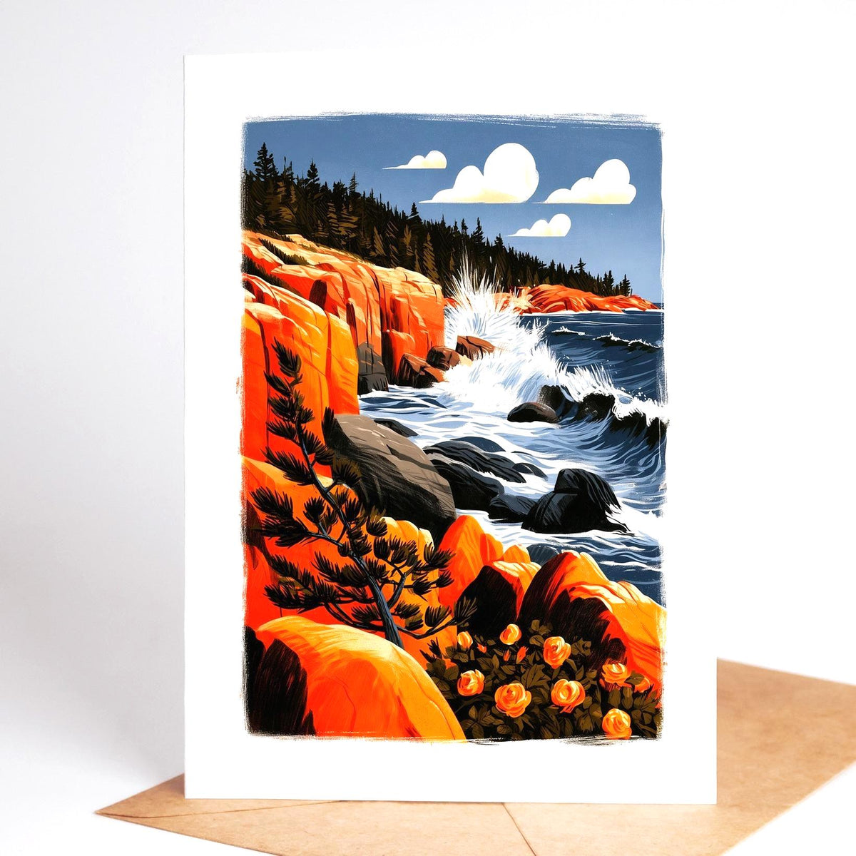 National park card, waves breaking on the rocky Acadia coast