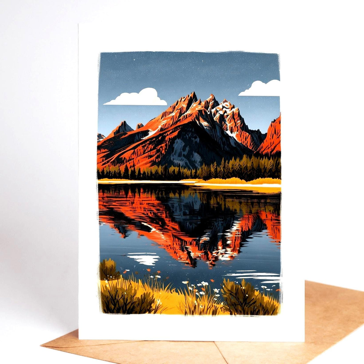National park card, the Grand Teton range reflected in a still lake