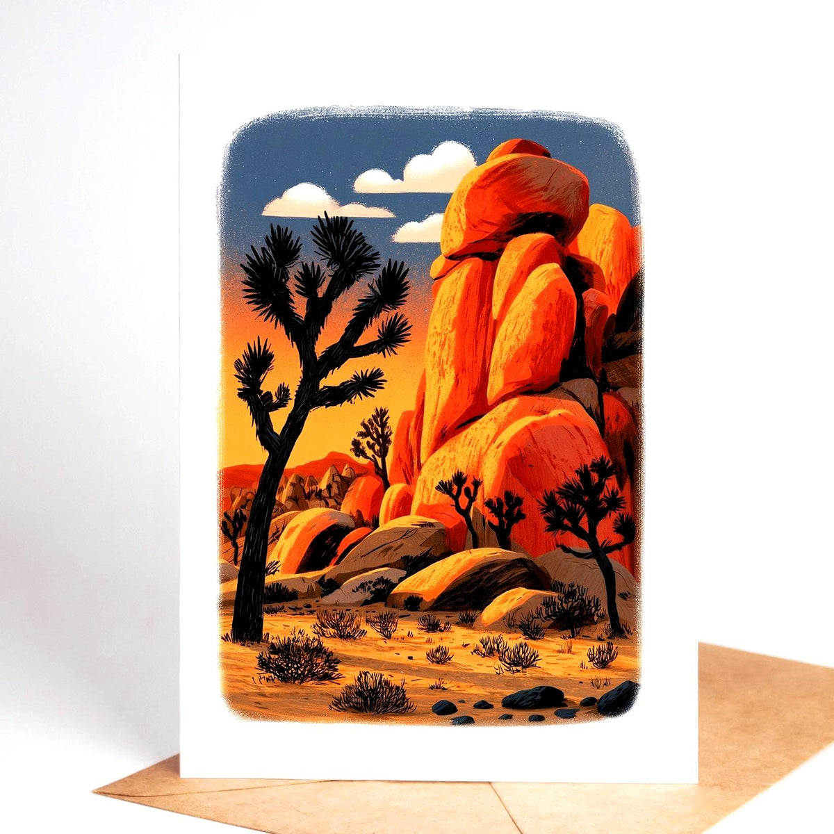 National park card, Joshua trees in front of orange boulders at Joshua Tree