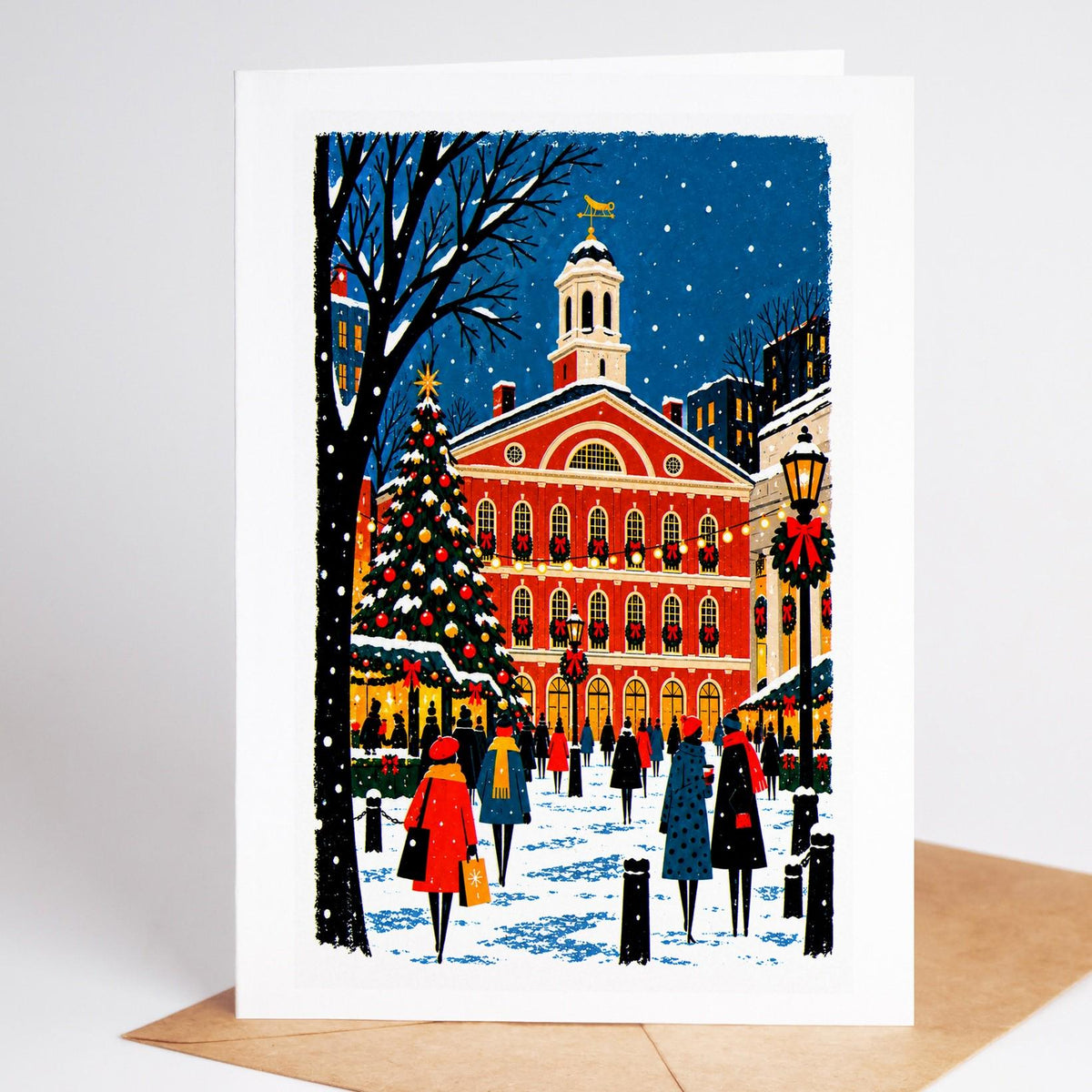 Boston Christmas card standing upright, Faneuil Hall and Quincy Market with a lit Christmas tree