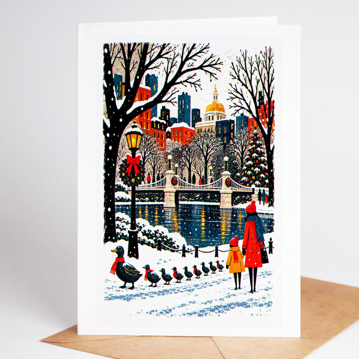 Boston Christmas card standing upright, the Public Garden footbridge and lagoon in the snow